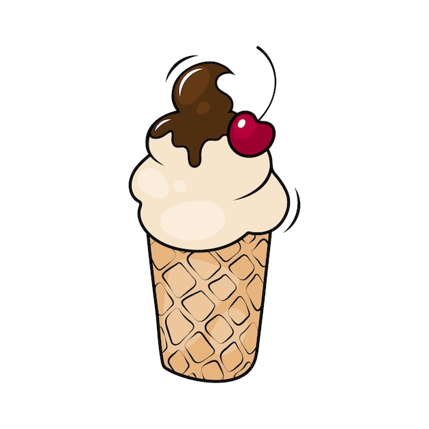Мороженое с шоколадной глазурью и вишней на векторной иллюстрации вафельного стаканчика