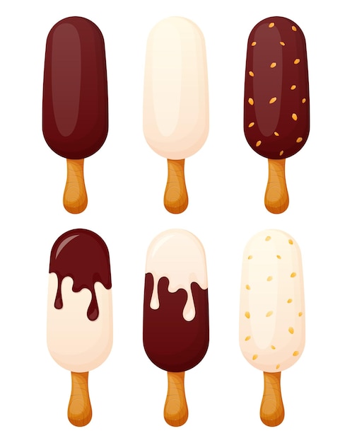 ice cream with different chocolate icing and nuts set