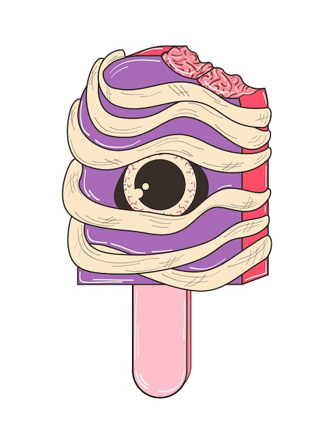 Ice cream with eye and brain filling for Halloween Vector flat illustration in retro style