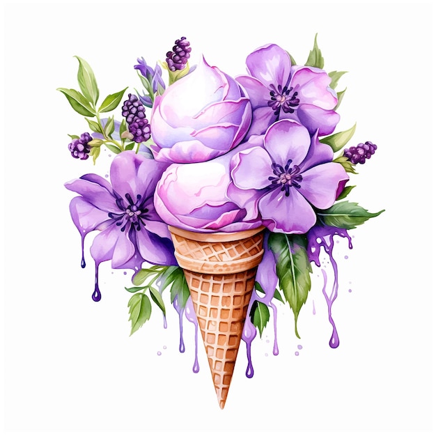 Ice cream with flowers watercolor paint