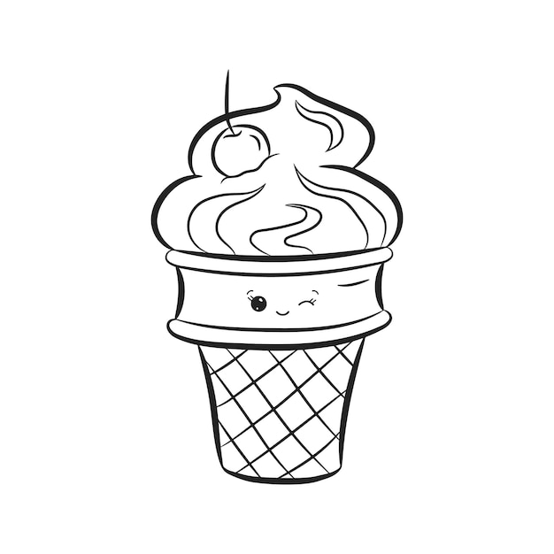 Ice cream with happy cute face in doodle style