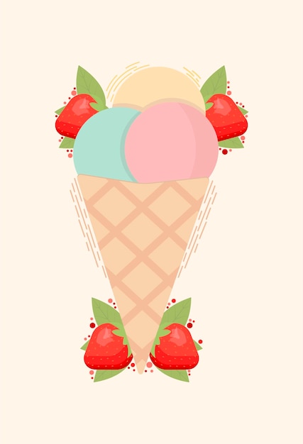 Ice cream with strawberry and mint flavor in wafer cone with strawberries and mint leaves