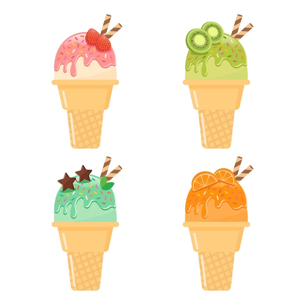 Vector ice cream with wafer rolls vector strawberry kiwi chocolate mint and tangerine fruit flavors