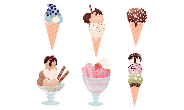 Мороженое в сахарном конусе и в стеклянном векторном наборе