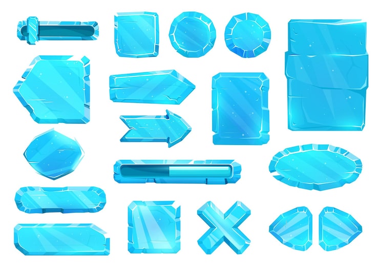 Vector ice crystal user panel interface, buttons, slider plates and arrow keys, vector game asset ui set. blue ice ux and gui buttons for game, cartoon menu with power volume level and menu navigation arrows