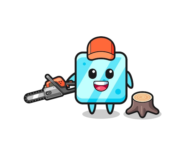 Ice cube lumberjack character holding a chainsaw , cute design