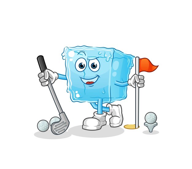 Кубик льда, играющий в гольф векторный мультяшный персонажxA