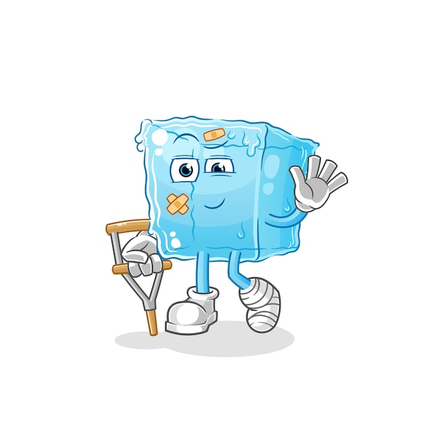 Ice cube sick with limping stick cartoon mascot vectorxA