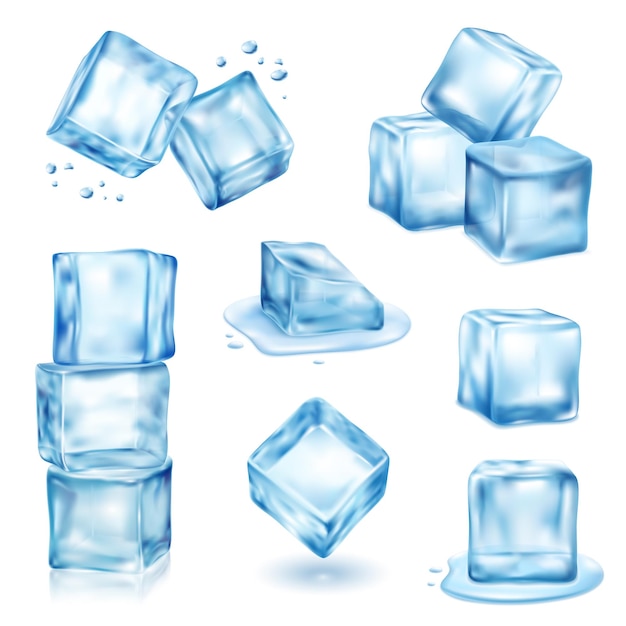 Vector ice cube solid and melting realistic set isolated vector illustration