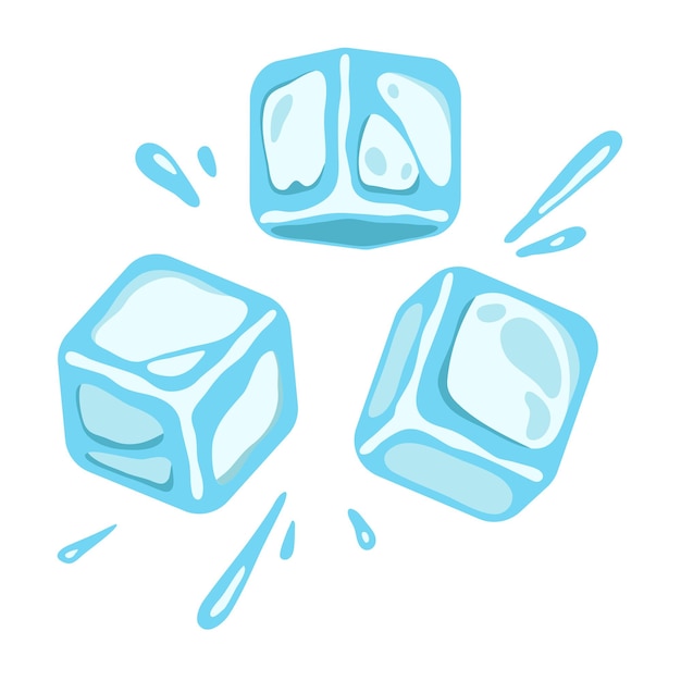 Vector ice cubes in the air with splashing water droplets the concept of chilling drink and cold frosty and fresh cubes frozen liquid crystals in a flat cartoon style vector illustration