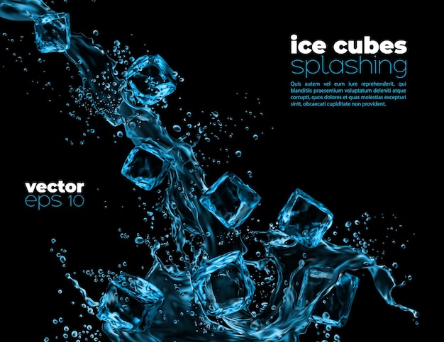 Vector ice cubes in blue transparent water wave splash