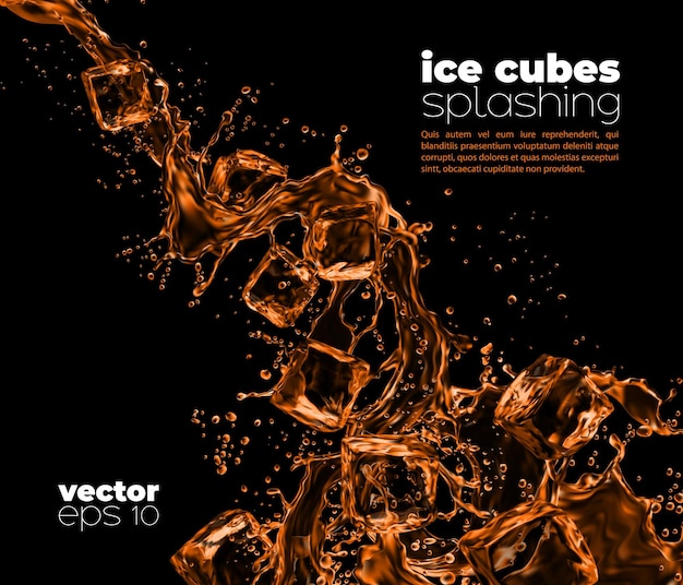 Vector ice cubes falling to whiskey cognac rum bourbon