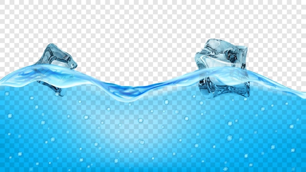 Vector ice cubes in transparent blue waves of water with air bubbles