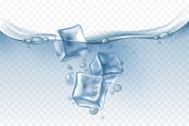 Vector ice cubes in water. realistic iced pieces falling in aqua, air bubbles in clear liquid, freshcold soda drink with frozen blocks beverage cooling. vector isolated on transparent background illustration