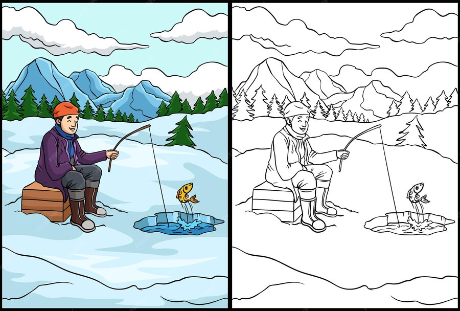 Premium Vector | Ice fishing coloring page colored illustration