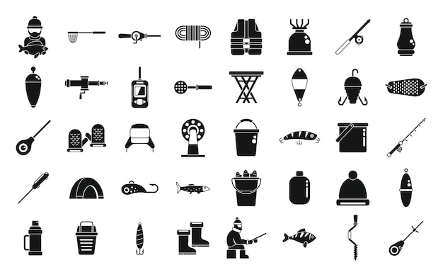 Ice fishing icons set simple vector Winter frozen