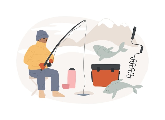 Vector ice fishing isolated concept vector illustration winter outdoor activities ice fishing tools equipment shop online fisherman advice catching frozen lake travel and hobby vector concept