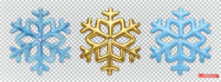 Vector ice and gold snowflakes. 3d vector realistic icon set. christmas decorations