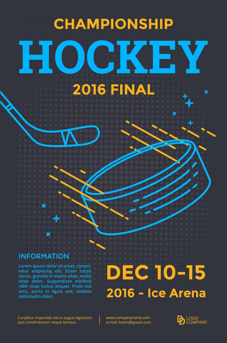 Ice hockey championship poster. Vector line illustration hockey stick and puck.