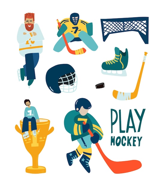 Ice Hockey elements and equipment Ich hockey player with stick and puck Doodle flat elements