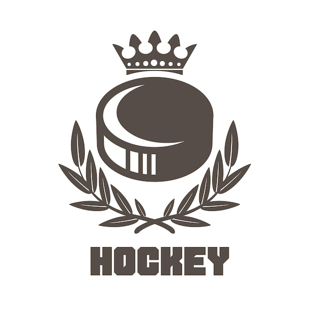 Emblema dell'hockey su ghiaccio con disco corona e corona d'alloro logo hockey vettore