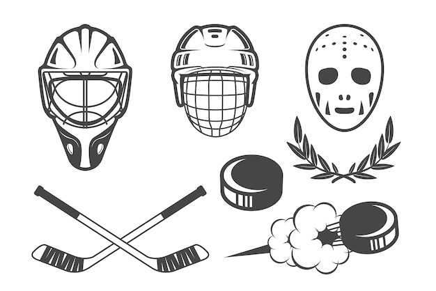 Vettore emblemi di hockey su ghiaccio caschi da hockey e maschera da portiere retrò vettore di disco da hockey volante