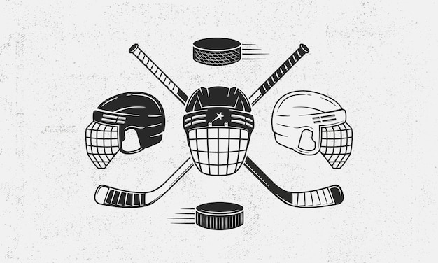 Vettore set di icone di hockey su ghiaccio emblema vintage di hockey con segnali di hockey in bianco e nero caschi e icone di disco