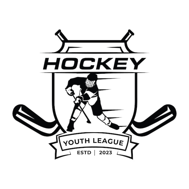 Emblema del logo dell'hockey su ghiaccio disegno del modello del logo vettoriale della silhouette del giocatore di hockey su ghiaccio