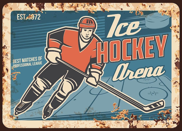 Vector ice hockey player on arena rusty metal plate