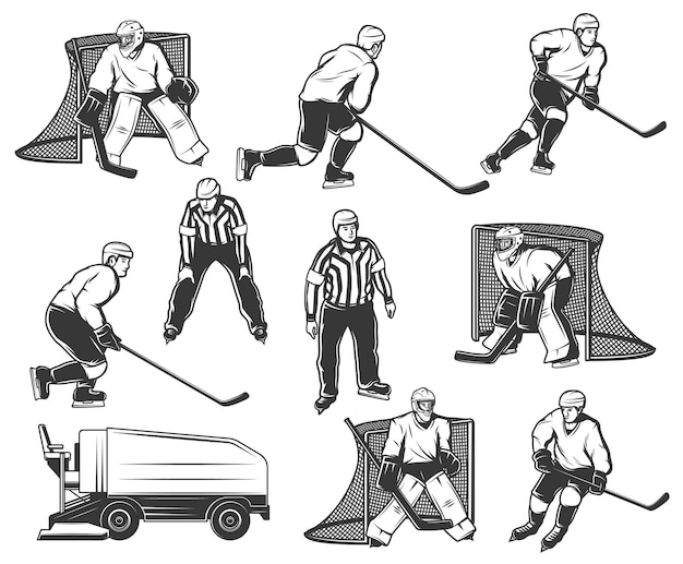 Набор персонажей хоккеиста, вратаря и судьи.