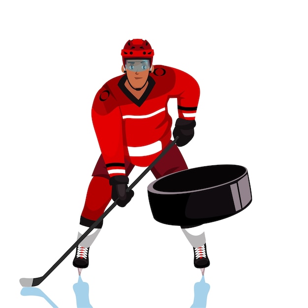 Иллюстрация хоккеиста, взрослый молодой человек в красной форме, держащий мультипликационный персонаж клюшкой. профессиональный спортсмен, член команды в защитном снаряжении, вратарь ловит шайбу
