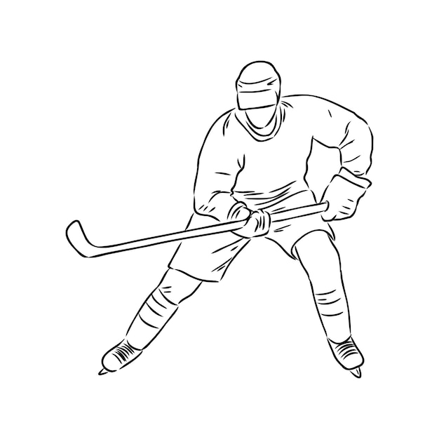 Disegno a inchiostro della siluetta di vettore isolato giocatore di hockey su ghiaccio