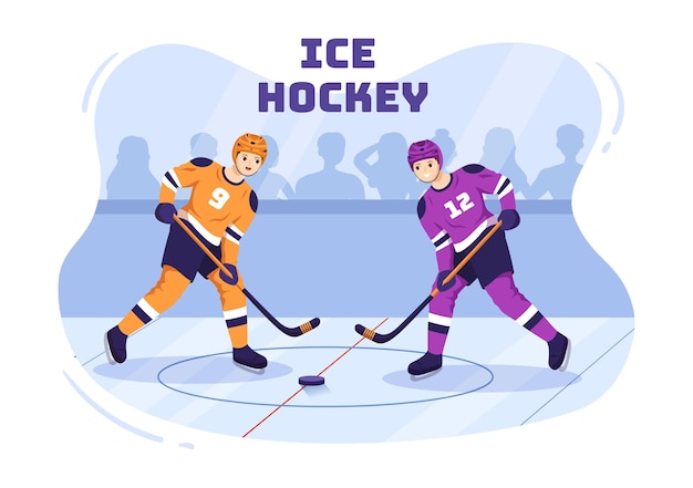 Спорт хоккеиста с шайбой и коньками на ледяной поверхности для игры или чемпионата по иллюстрации