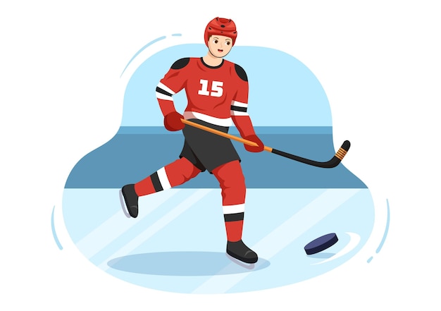 Ice hockey player sport with puck and skates in ice surface for game or championship in illustration