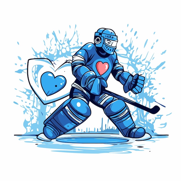 Vector ice hockey player with shield and heart in his hand vector illustration