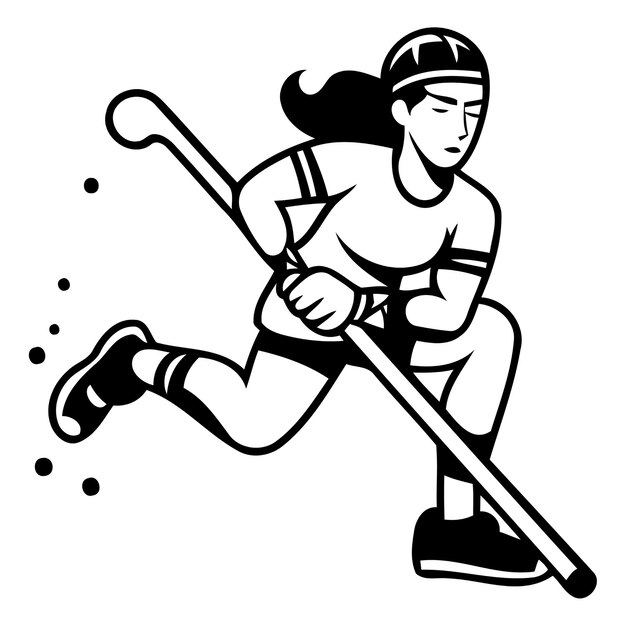 Ice hockey player with stick and puck Line art vector illustration