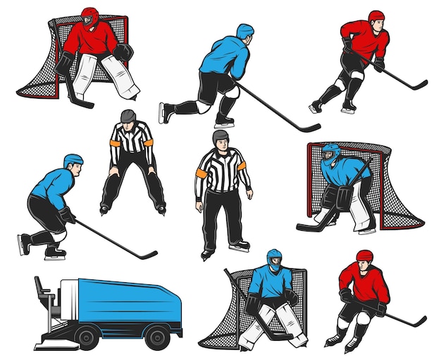 Ice hockey players icons and sport rink equipment