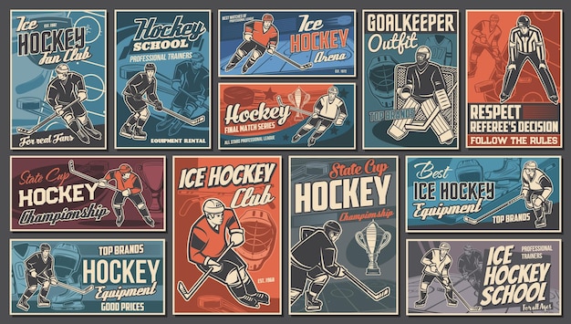 Ice hockey players sport game vintage banners