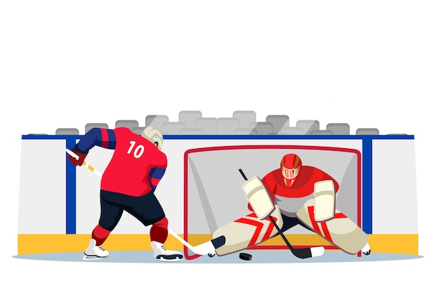 Giocatori di hockey su ghiaccio in uniforme e casco sulla pista dello stadio
