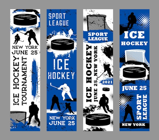 Vector ice hockey sport grunge banners player silhouette