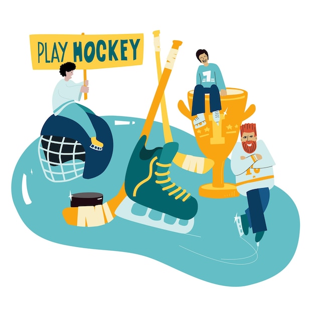 Ice Hockey team with hockey equipment and motto Sportsmen in a flat style