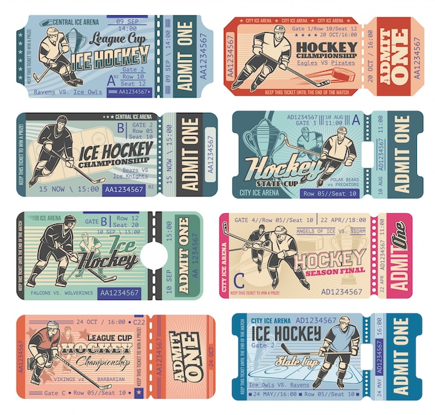 Vector ice hockey tickets, sport game tournament cup