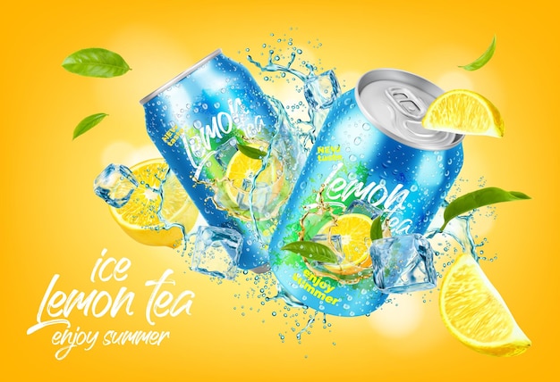 Vector ice lemon tea can and cubes drink splash with ice crystals and lemon slices realistic vector lemonade drink or fruit soda beverage product ad template with juice can in fresh spill wave and leaves