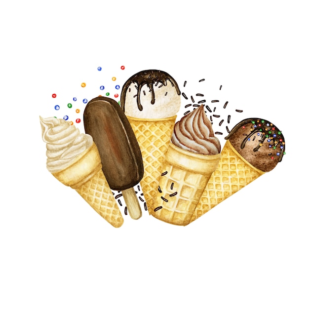 Vector ice lollys, ice-cream scoops decorated with chocolate in waffle cone logo composition frame. watercolor illustration isolated on white background. vanilla, chocolate ice cream balls