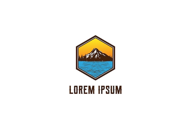 Ice Mountain Pine Evergreen Fir Hemlock Spruce Conifer Cedar Coniferous Cypress Larch Trees Forest Creek River Lake Badge Logo Design Vector