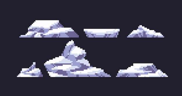 Vector ice mountain pixel art set. iceberg, frozen hill collection. arctic or antarctic rock.
