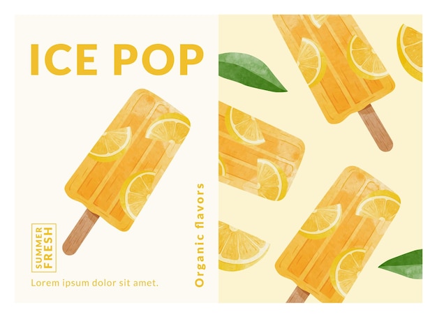 Modelli di progettazione di imballaggi ice pops, illustrazione vettoriale in stile acquerello.