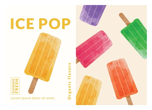 Ice Pops verpakking ontwerpsjablonen, aquarel stijl vectorillustratie.