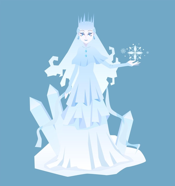 ベクトル 氷の女王の孤立したファンタジーキャラクター氷の結晶を持つ冷たい雪の魔女のフラットイラスト