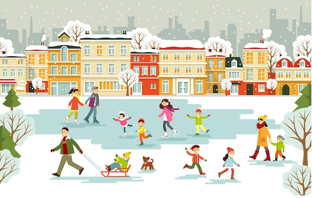 Ice Rink in Town with Ice Skating Children in Flat Style